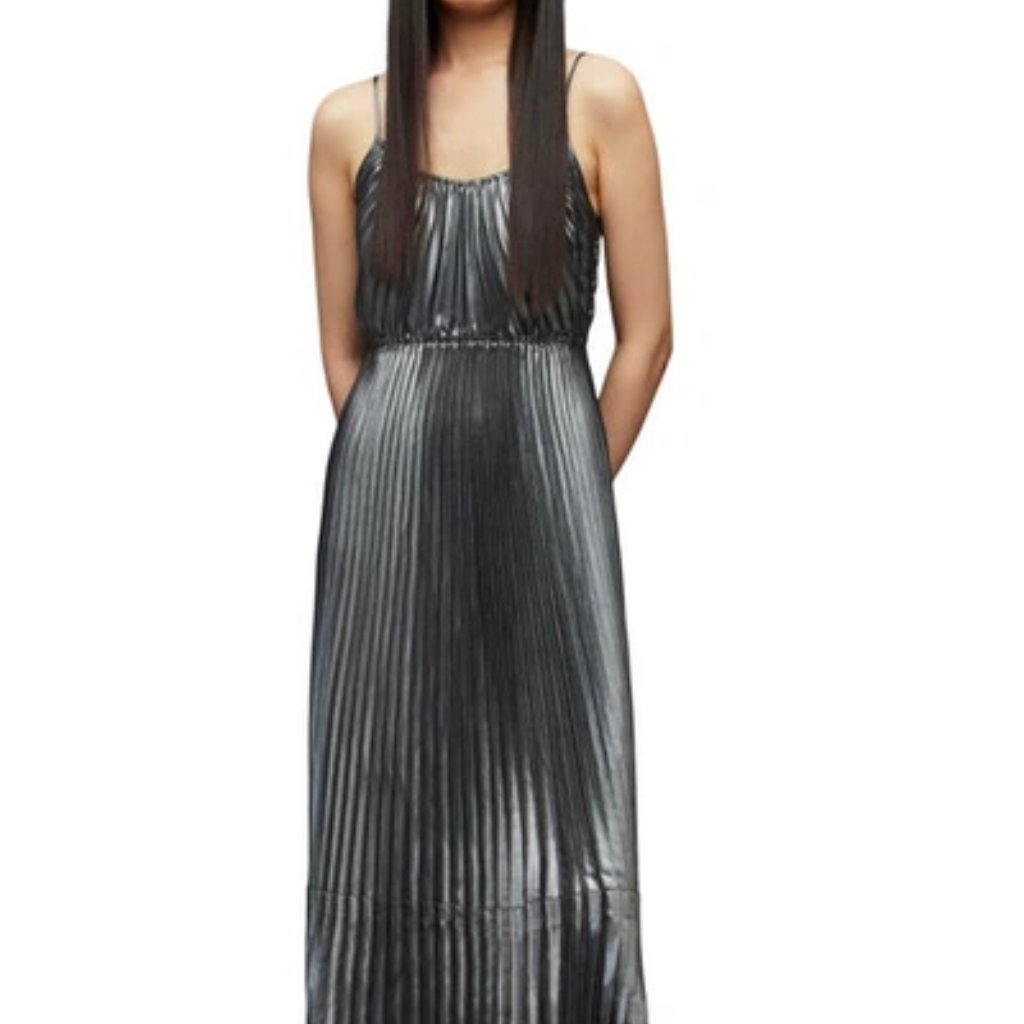 Allsaints Silvi Pleated Metallic Dress In Black/Silver Size Large #867